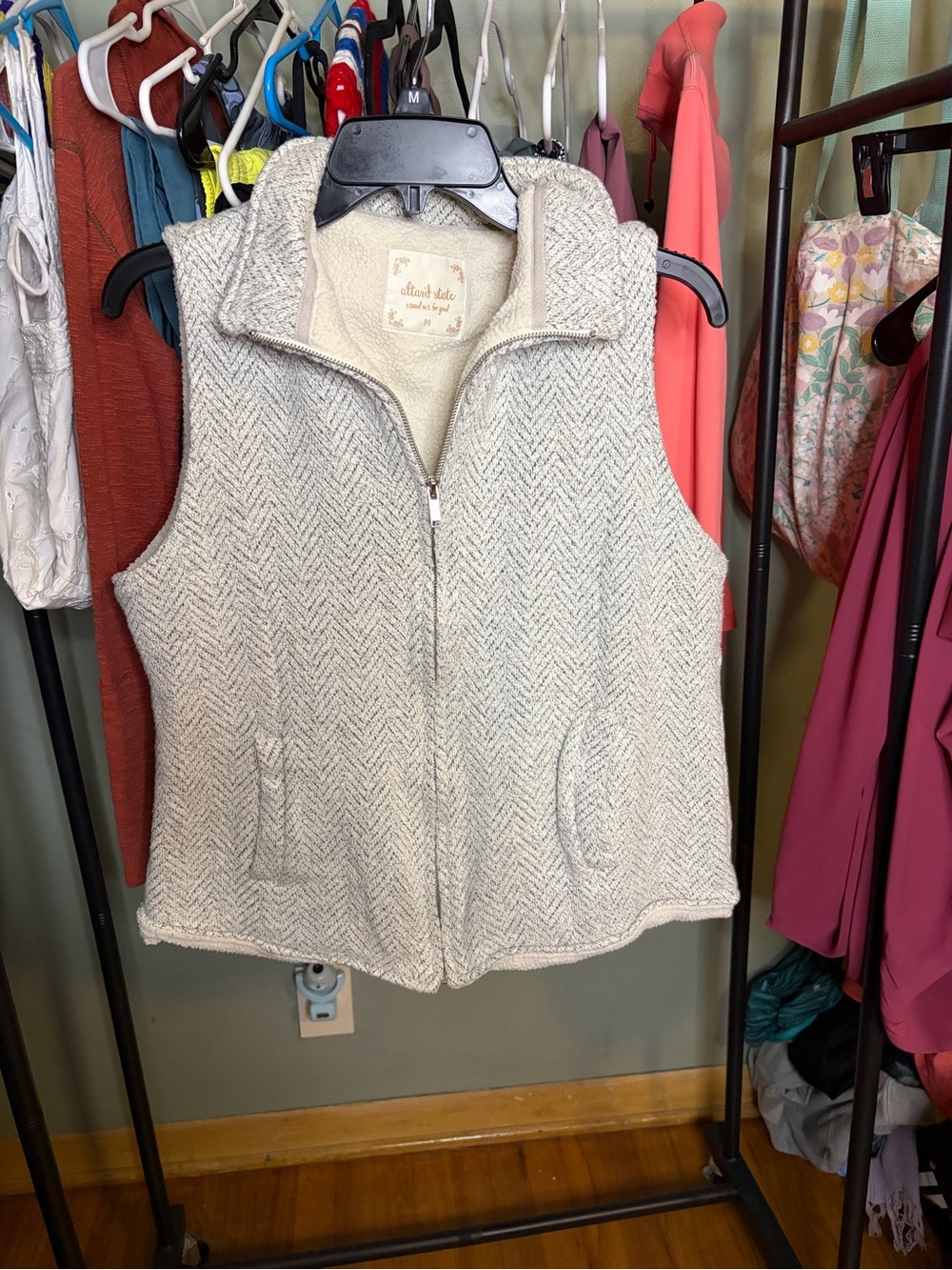 Altar'd State Cream Herringbone Zip-Up Vest